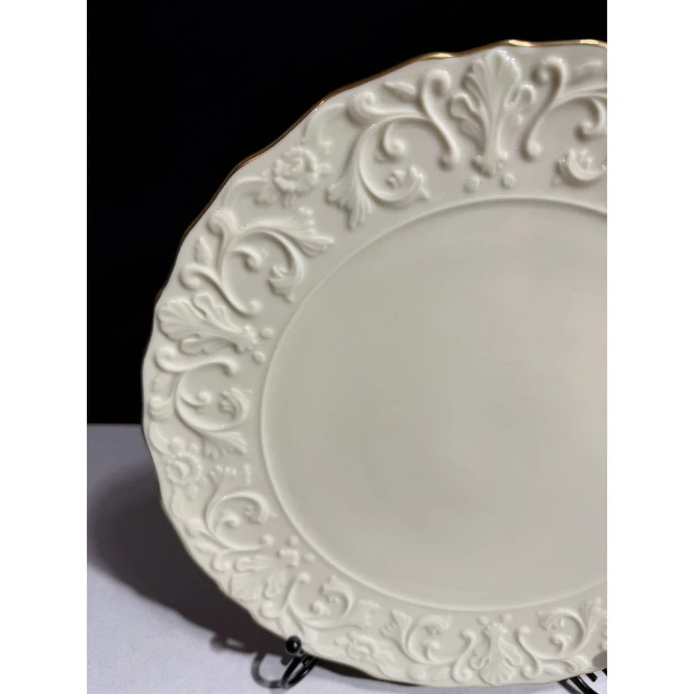 Lenox Georgian Cake Plate Cream Embossed Floral Gold Trim Scalloped 11.5